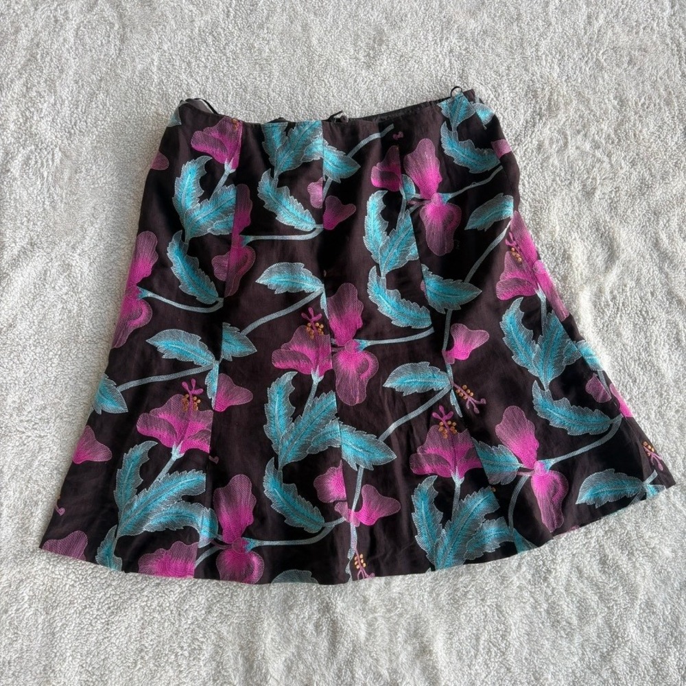 Lafayette 148 Brown Pink Hibiscus Embroidered A-Line Linen Skirt Size 18